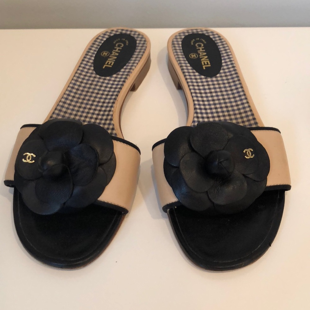 Authentic Chanel Camellia leather mule slides